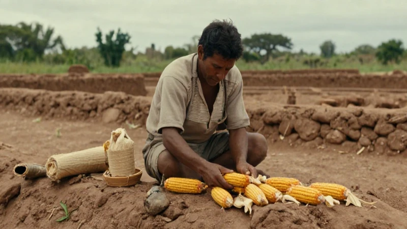 Campesino mesoamericano cose maíz en un paisaje tradicional