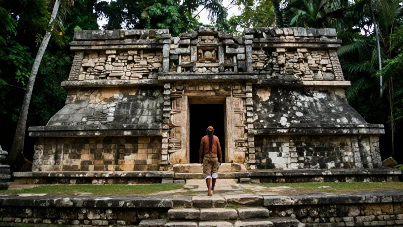 Figura indígena explora ruinas mayas bajo luz tropical