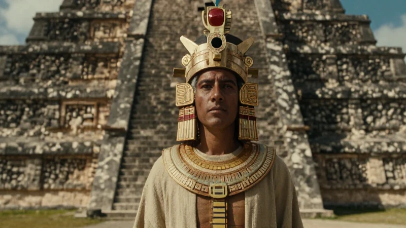 Sacerdote azteca ante ruinas de Tecoaque