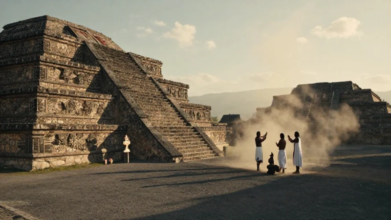 Zonas arqueológicas de los mexicas: descubre Los Melones 17 Ritual Mexica en pirámide, luz dorada dramática