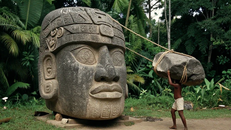 Cabeza colosal Olmeca en la jungla con trabajador