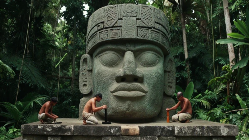 Cabeza Olmec monumental en selva densa