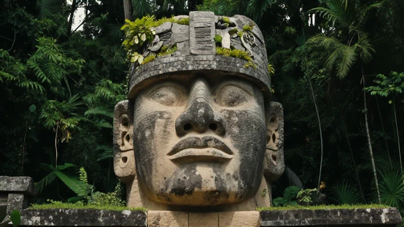 Cabeza de Olmec en ruinas, estilo documental