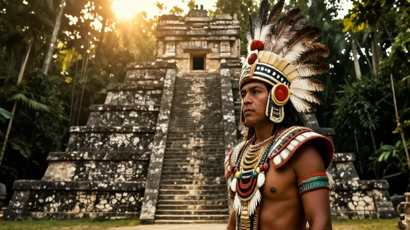 Zonas arqueológicas de los toltecas: legado y misterio 11 Guerrero Tolteca en pirámide, luz dorada