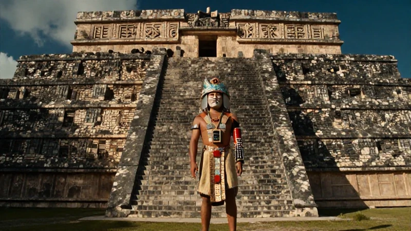 Zonas arqueológicas de los toltecas: legado y misterio 12 Pirámide tolteca con guerrero en ruinas bajo luz dramática