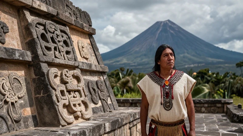 Hombre indígena en Teúl con paisaje volcánico